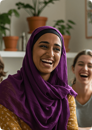 Coach in purple hijab smiling